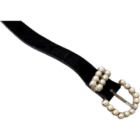 Vintage Black Velvet Belt Pearl Buckle Genuine Leather Y2K Coquette Preppy M - Picture 2 of 6